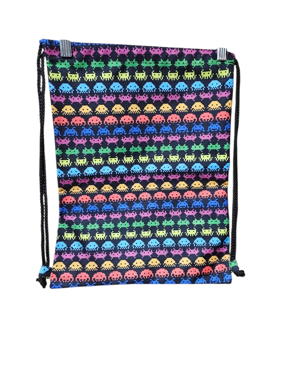 Space Invaders Drawstring Backpack Retro Gamer Cinch Sack Rainbow Pixel Bag